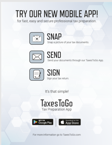 If you would like to use our Mobile App to submit your 2018 tax information, please use the following link:  https://taxestogo/app/download/14518